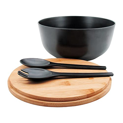 ECOWAY Bamboo Fiber Salad Bowl with Lid & Servers, 4Qt, Melamine Salad Serving Bowls Set with Bamboo Lid, Salad Mixing Bowl with Spoon Fork for Fruits Vegetables and Pasta (Black, 9.8inch) - color: Black with lid