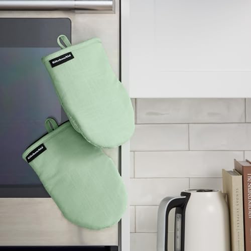 KITCHENAID Gourmet Series Gridlines Mini Oven Mitts 2-Pack Set, Heat Resistant up to 600°F, Soft Silicone Grip, Magnetic Cuff, Pistachio Green, 5.5"x9" - color: Pistachio Green