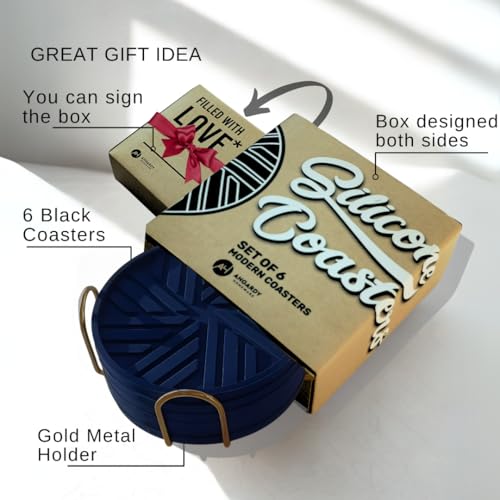 Navy Blue Coasters Set of 6 - Non-Slip Table Coasters for Drinks with Groove Patterns & Gold Holder 4", 0.23" - color: Navy Blue