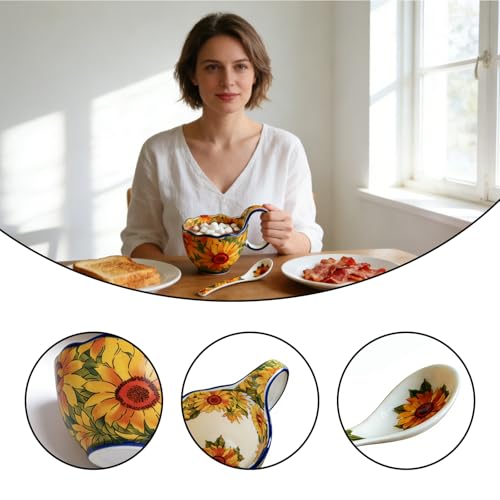 Sunflower Pattern Ceramic Soup Bowls with Handles - Decorative Soup Bowl Set for Breakfast Cereal/Yogurt (Including Spoon)