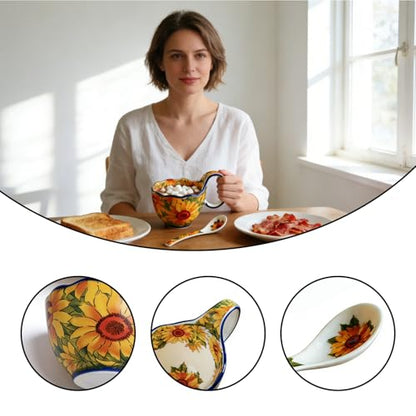 Sunflower Pattern Ceramic Soup Bowls with Handles - Decorative Soup Bowl Set for Breakfast Cereal/Yogurt (Including Spoon)