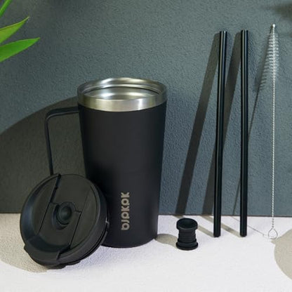 BJPKPK 22oz Insulated Tumbler with Handle, Lid & Straw, Stainless Steel | Double Wall Vacuum Insulated Coffee Travel Mug - Keeps Cold & Hot, BPA Free, Cupholder Fit for Office, Gym & Travel - color: Black, size: 22 Ounces