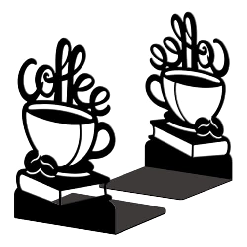 5.3"x4.3"x7.9" Metal Bookends, Heavy Duty Book Ends for Shelves | Coffee Beans and Books Theme Cast Iron Book Supports, 1 Pair Decor Stoppers for Desk, Library, Office & Home Shelves - style: Coffee Beans and Books