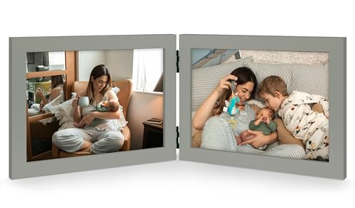 Double 4x6 Horizontal Picture Frame, Grey Clean-Lined Wood | Hinged foldable design, fits two 4 x 6 landscape photos, 3.5x5.5 visible openings, tabletop or wall use - color: Grey, size: 2-4x6