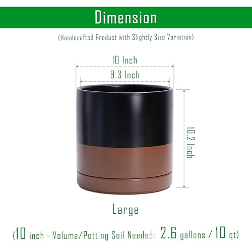 D'vine Dev 10 Inch Ceramic Planter Pot, Black/Tan, 94-O-E-7 | Modern Cylinder Design, Drainage Hole & Saucer Included, Stable Structure, Elegant Home Accent - color: Black/Speckled Tan, size: Large