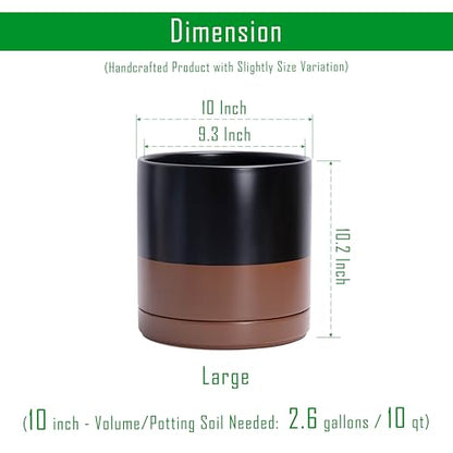 D'vine Dev 10 Inch Ceramic Planter Pot, Black/Tan, 94-O-E-7 | Modern Cylinder Design, Drainage Hole & Saucer Included, Stable Structure, Elegant Home Accent - color: Black/Speckled Tan, size: Large