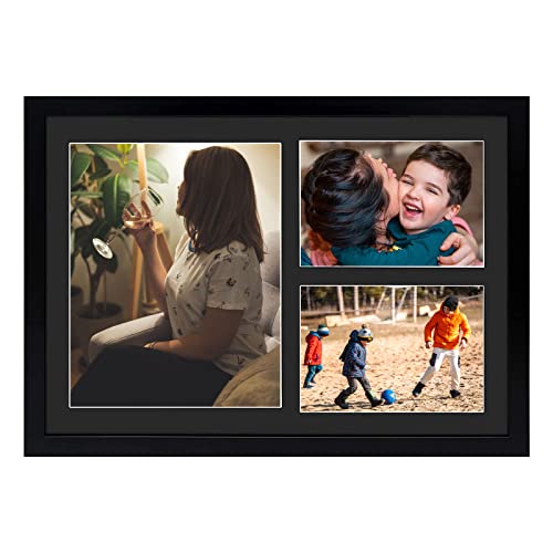 Golden State Art 12x17 Black Wood Picture Frame for 8x10 and 5x7 Photos | 3 Opening Picture Frame,Black Mat included,Real Glass, Sawtooth Hanger - Wall Mounting - Great for Posters, Weddings(1 Pack) - color: Black&Black Mat-1P, size: 1 8x10 And 2 5x7