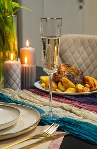 Bec's Designs Champagne Flutes Set of 4, 6oz Handblown, Hammered Gold Rim | Triangular champagne glasses offer elegant stemware for mimosas, Prosecco & weddings; handblown hammered glass design.
