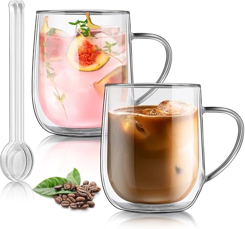 Joeyan Large Clear Double Walled Glass Coffee Mugs 15 oz, Double Layer Tea Latte Cappuccino Cups with Handle, Double Lined Insulated High Borosilicate Glassware for Milk and Hot Beverages, Set of 2 - color: 400ml-Clear with handle