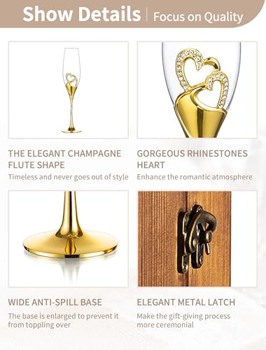 NUPTIO Crystal Champagne Flutes, Wedding Gifts for Couple, Gold, Set of 2 | Rhinestone Rimmed Heart Toasting Glasses with Wooden Gift Box for Engagement, Anniversary, Party, Bridal Showers, 6.76oz - color: Gold