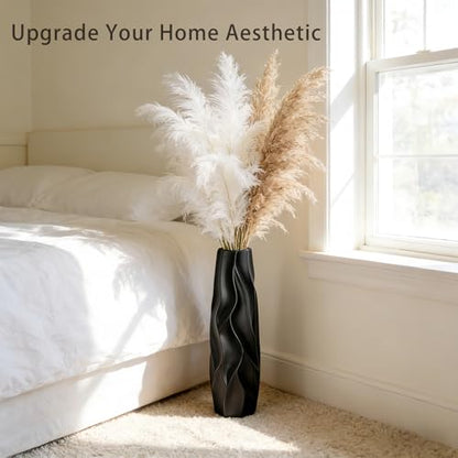 Black Tall Ceramic Floor Vase, 15.7 Inch, Pleated Wave Design | Matte Finish, Narrow Corners, Entryway, Bedroom, Compact Spaces - size: 15.7 Inch