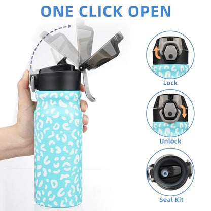 BJPKPK 18 oz Water Bottle with Straw & Handle, Insulated Stainless Flask | Leak Proof Locking Lid, Thermal, Double Wall Vacuum, Metal, Keeps Hot/Cold, BPA Free, Travel & Sports, Sky Blue Leopard - color: Sky Blue Leopard, size: 18 Ounces