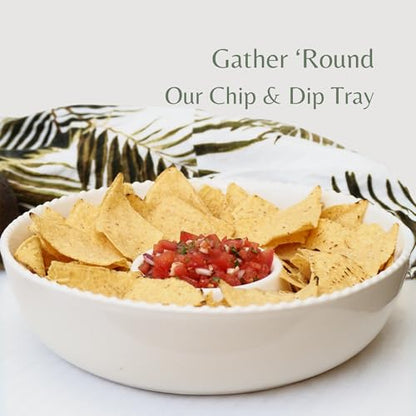 11'' Ceramic Chip and Dip Tray, Middle Size Divided Serving Set for Parties, Mixing Bowl Sets for Salsa, Snack, Veggies, Dumpling, Fruit, Salad, Fruit, Entertaining, Hosting, Ivory White