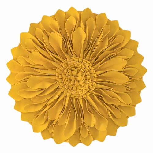JWH Handmade 3D Sunflower Throw Pillow Cover, Golden Yellow, 14 Inch | Decorative Round Cushion, Floral Accent, Bed Living Room Couch Pops