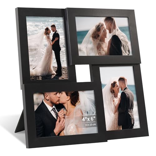 4x6 Collage Picture Frame, Wooden Frame with Real Glass, 4 Opening | Multi Picture Frame with Stand for Wall or Tabletop Display, Gallery Frame for Home Décor, Family Photo Display, Black - color: Black