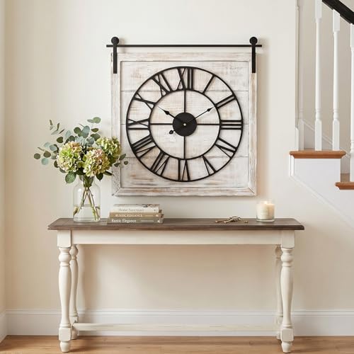 24 Inch Large Rustic Wall Clock, Farmhouse Square Wood Frame with Black Metal Barn Door Style Hanging Rod, Silent Non-Ticking Quartz Movement, for Living Room, Fireplace, or Dining Room - color: Beige