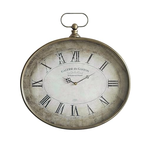 Large Decorative Wall Clock - 20 inch, Distressed Gold, Oval Pocket Watch Design, Roman Numerals, Battery Operated, Large Antique Style for Living Room, Kitchen, Bedroom Decor - size: 20''