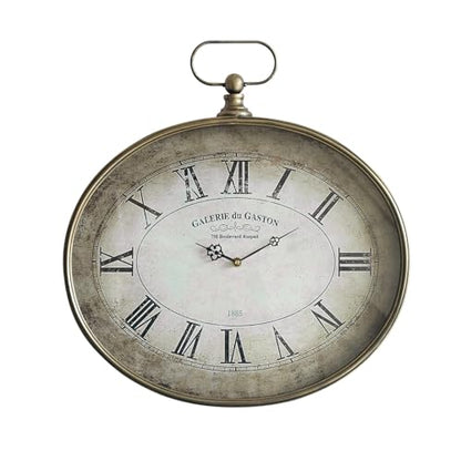 Large Decorative Wall Clock - 20 inch, Distressed Gold, Oval Pocket Watch Design, Roman Numerals, Battery Operated, Large Antique Style for Living Room, Kitchen, Bedroom Decor - size: 20''