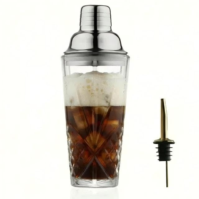 Glass Cocktail Shaker, 15oz Cutting Design - Exquisite Martini Shaker for Elevated Mixology. Perfect for Christmas, Hoiday, BBQ,Outdoor Party,Spring, Summer (Drink Shaker & Gold Pourer) - color: 15oz Shaker & Gold Pour Spout