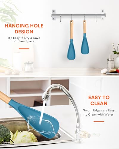 Multifunction Spoon for Nonstick Cookwares, Great for Cooking and Serving, Sturdy BPA-Free Matte Silicone, Wood Handle spoonula for Mixing, Scoop, and Scrape, Turquoise(2 pack,11.4" & 13.4") - color: TURQ