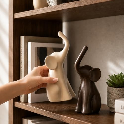 Elephant Figurines Home Decor, Set of 2 Ceramic Elephant Statues, Ivory White and Brown, Shelf Figurine, Elephant Gift for Women, 14th Anniversary, Wedding or Housewarming Gift for Couples