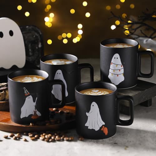 Halloween Mugs Mixed Set of 4, Scary Squad Stoneware Mugs 12 oz Ceramic Ghost Coffee Cup Black Drinking Cup Ghost Designs for Coffee, Tea, Halloween Decor Gifts, 3.3 x 3.7 Inch