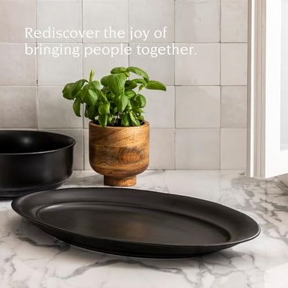 over&back Rim Stoneware Serving Platter - Elegant 1-Piece Oval Serving Platter to Complete Your Kitchen Set - 16" L x 10.8" W Semi-Matte Black - color: Black