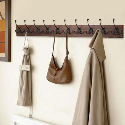 IBosins Brown Wood Wall Mounted Coat Rack, 34" Long with 10 Black Tri-Hooks | Burnt Finish Heavy Duty Wood Coat Hanger, Rustic Coat Hooks Rail for Entryway, Living Room, Coat, Scarf, Bag, Towel, Hat - color: Brown Wood Plate & Black Tri-Hook, size: 1 Item