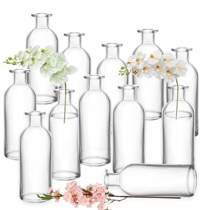 Nexboraque 12 Pack Glass Bud Vases | Clear Small Vases in Bulk Decorative Glass Flower Bottles for Table Centerpiece, Home Decor, Office, Wedding Reception