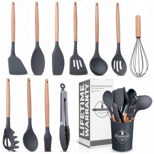 12 Pcs Cooking Kitchen Accessories Set with Holder, Silicone Heads (Gray) | Gray Kitchen Utensils Set for Cooking and Baking; Wooden Handles; Heat-Resistant up to 446°F; Non-Scratch for Nonstick Pans - color: Gray