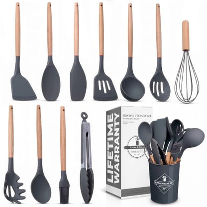 12 Pcs Cooking Kitchen Accessories Set with Holder, Silicone Heads (Gray) | Gray Kitchen Utensils Set for Cooking and Baking; Wooden Handles; Heat-Resistant up to 446°F; Non-Scratch for Nonstick Pans - color: Gray