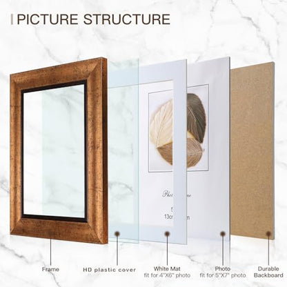 XUANLUO 5x7 Picture Frames Set of 4 Rustic Retro Photo Frame with HD Plastic Cover for Wall Mount and Tabletop Display Family Friends Wedding Gift - color: Gold-4pcs, size: 5 x 7 inch
