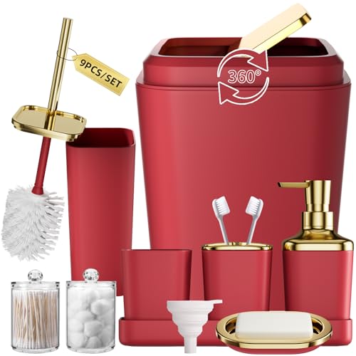 XLHOMO Bathroom Set, 9PC Bathroom Accessory Set, Burgundy Bathroom Accessories, Burgundy Bathroom Set, Trash Can, Soap Dispenser for Home Decor - color: Burgundy, size: Bathroom Set