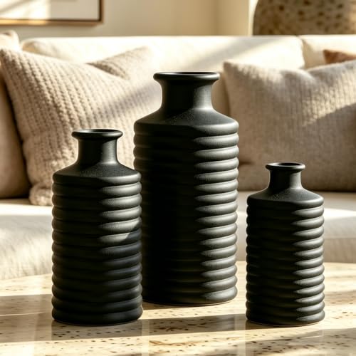 Black Ceramic Vases for Home Decor, Modern Farmhouse Frosted Semi Matte Textured Decorative Vase Set, Unique Vase for Entryway, Coffee Table, Shelf, Small Pampas Grass and Flowers - color: Black