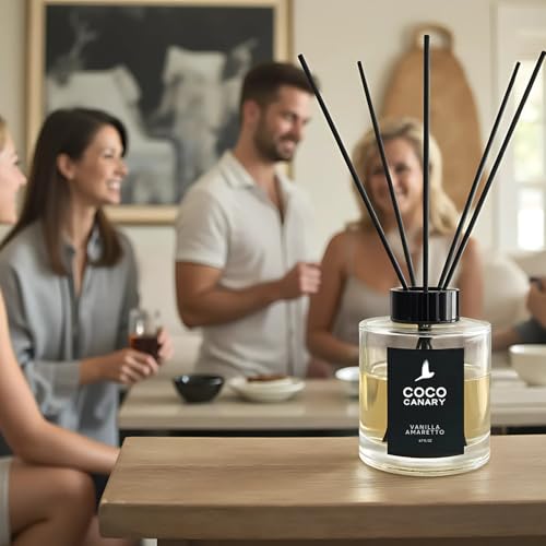 Coco Canary Reed Diffuser for Home, Warm Vanilla Amaretto, 6.7 oz | Vanilla reed diffuser; Long-lasting scent; Cozy home scent, Flameless luxury decor