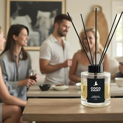Coco Canary Reed Diffuser for Home, Warm Vanilla Amaretto, 6.7 oz | Vanilla reed diffuser; Long-lasting scent; Cozy home scent, Flameless luxury decor