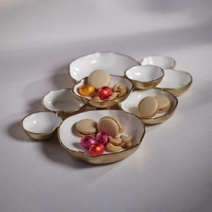 Zodax Cluster of 9 Round Gold & White Enamel Serving Bowls, 19 x 12 x 2.5in - color: Gold and White