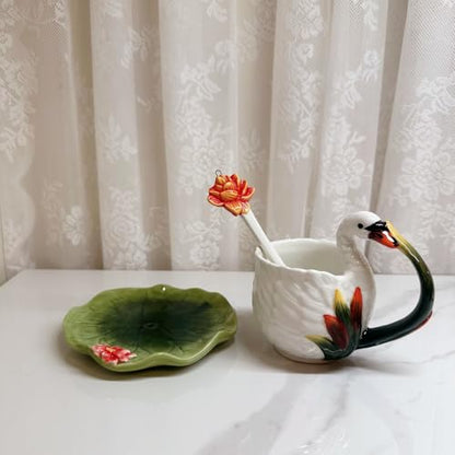 Ceramic Tea Cup and Saucer Set ，6OZ 3D Hand-painted Swans and Lotus Leaves Coffee Mug，Gift for Women