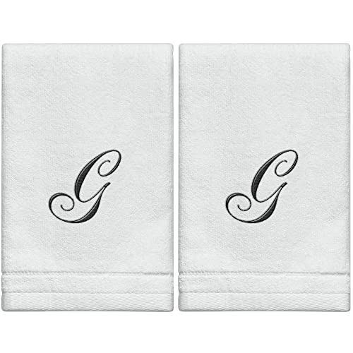 Monogrammed Towels Fingertip, Personalized Gift, 11 x 18 Inches - Set of 2- Black Embroidered Towel - Extra Absorbent 100% Cotton- Soft Velour Finish - For Bathroom/ Kitchen/ Spa- Initial G (White) - color: G