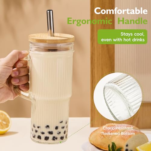 JunVpic Glass Tumbler, 24 oz Ice Coffee Cups with Bamboo Lid and Handle | Stainless steel straws and cleaning brushes, Ribbed design for iced coffee, smoothies, tea and daily drinks - color: Clear-Ribbed, size: 24oz