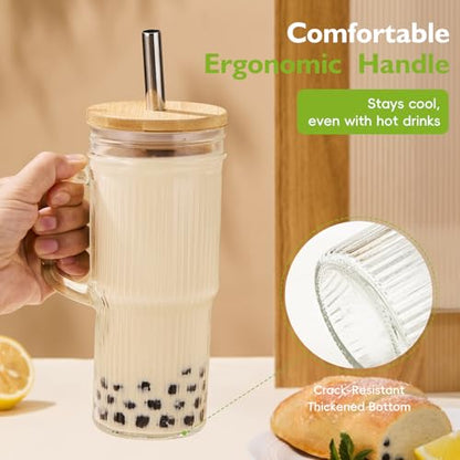 JunVpic Glass Tumbler, 24 oz Ice Coffee Cups with Bamboo Lid and Handle | Stainless steel straws and cleaning brushes, Ribbed design for iced coffee, smoothies, tea and daily drinks - color: Clear-Ribbed, size: 24oz