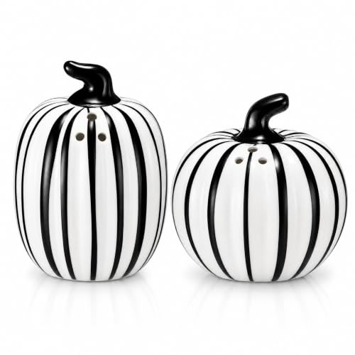 2 Pcs Halloween Pumpkin Shaped Salt and Pepper Shakers 3 Inch Black White Halloween Ceramic Salt and Pepper Shakers Set for Fall Thanksgiving Autumn Harvest Home Kitchen Decorations - color: Black/White, style: Fall Pumpkin