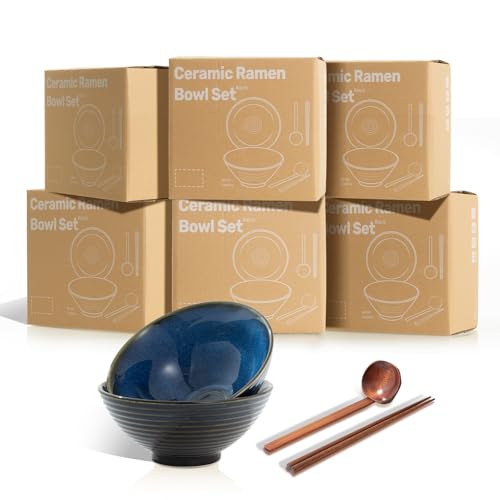 8 Inch Ceramic Ramen Bowl Set of 2, 40oz Japanese Bowls with Spoons & Chopsticks,Durable,Microwave & Dishwasher Safe,Perfect for Ramen,Pho,Salad,Soup,Noodles，Mixing bowls（Blue Topaz） - color: Blue Topaz