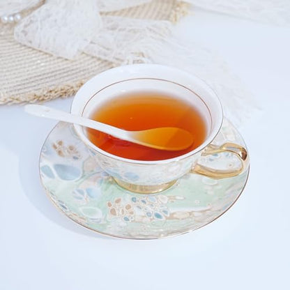 Bone China Tea Cup and Saucer Set with Spoon，Elegant Floral Tea Cup Set (7 oz)，British Coffee Latte Mug for Birthday Party Christmas gift for Friends - color: Gilding green