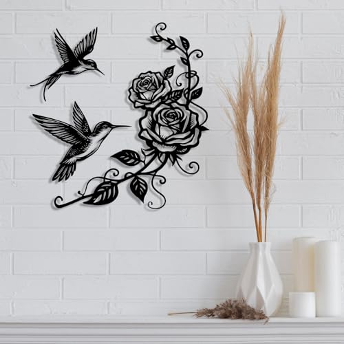 Pinetree Art Flowers and Birds Metal Wall Art Black Hummingbird Rose Set of 3 for Modern Farmhouse Living Room Bedroom Bathroom Kitchen Home Office DIY Decoration