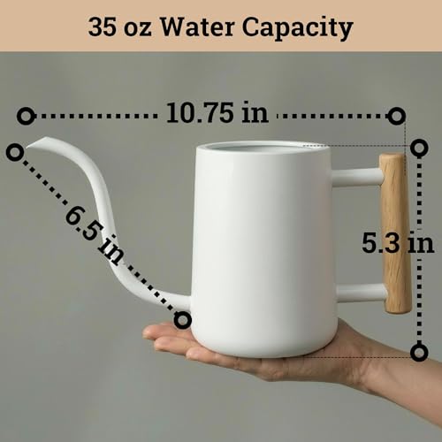 Metal Small Indoor Watering Can with Long Spout & Real Wood Handle, 35oz | Long Spout, Stainless Steel, Real Wood Handle, Gentle Flow, No Spills, Suitable for House Plants, Succulents & Seedlings - color: White