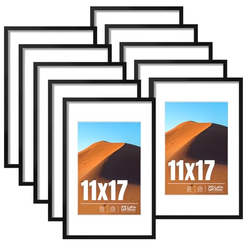 11x17 Picture Frame Black Set of 10, Display 8x12 with Mat or 11 x 17 Without Mat Picture, Photo Frame Collage for Wall Gallery or Table Deco, Hanging or Tabletop Display - color: black, size: 11x17
