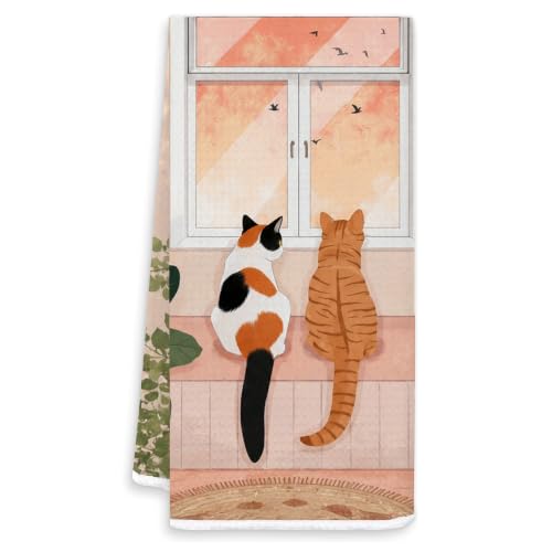Cozy Boho Calico Orange Cat Kitchen Dish Hand Towels 16x24 | Cat Lover Mom Lady Gifts, Japanese Aesthetic Plant Kitten Decorative Hand Tea Towels for Bathroom Kitchen - color: White-calico Cat