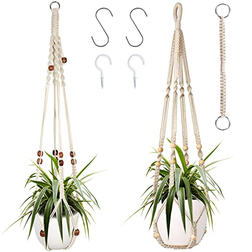 Macrame Plant Hanger, 2Pcs Hanging Plant Holder with Extender Plant Hangers for Indoor Outdoor Decor Macrame Hanging Planter Basket with 4 Hooks - color: Beige, size: 49 Inches