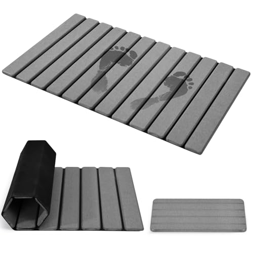 Extra-Large Foldable Stone Bath Mat for Bathroom, 2 Pcs Super Absorbent Diatomaceous Earth Bath Mat with Anti-Slip Leather Base, Quick Drying Modern Bath Stone Mat (Grey, 28" x 16" & 8" x 4") - color: Grey, size: 28" x 16"
